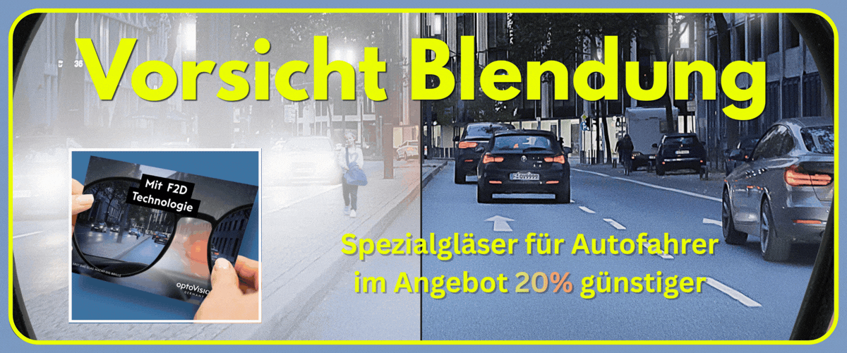 Werden die Tage kürzer, denken viele wieder mit Bangen ans Autofahren. Nasse Straßen, blendende Scheinwerfer, verschwommene Straßenschilder und die lange Dunkelheit sorgen nicht selten für Unsicherheit und Stress. Zur Not bleibt das Auto ganz in der Garage.
Vor allem in der dunklen Jahreszeit, wenn uns auf nasser Straße entgegenkommende Fahrzeuge für Sekunden vollkommen blenden, sind die Augen im Dauerstress.
Mit möglicherweise fatalen Folgen: Denn sehen wir nur eine Sekunde lang nichts, sind wir bei 100 km/h fast 30 Meter im Blindflug unterwegs.
Das aber muss nicht sein.
Denn längst sorgen auch an trüben Herbst- und Wintertagen speziell entwickelte Autofahrergläser und Entspiegelungen für klare Sicht.Vereinbaren Sie Ihren persönlichen Termin – wir freuen uns auf Ihren Anruf unter 03546 3012 oder auf Ihre Online-Terminbuchung unter www.piontek.de.