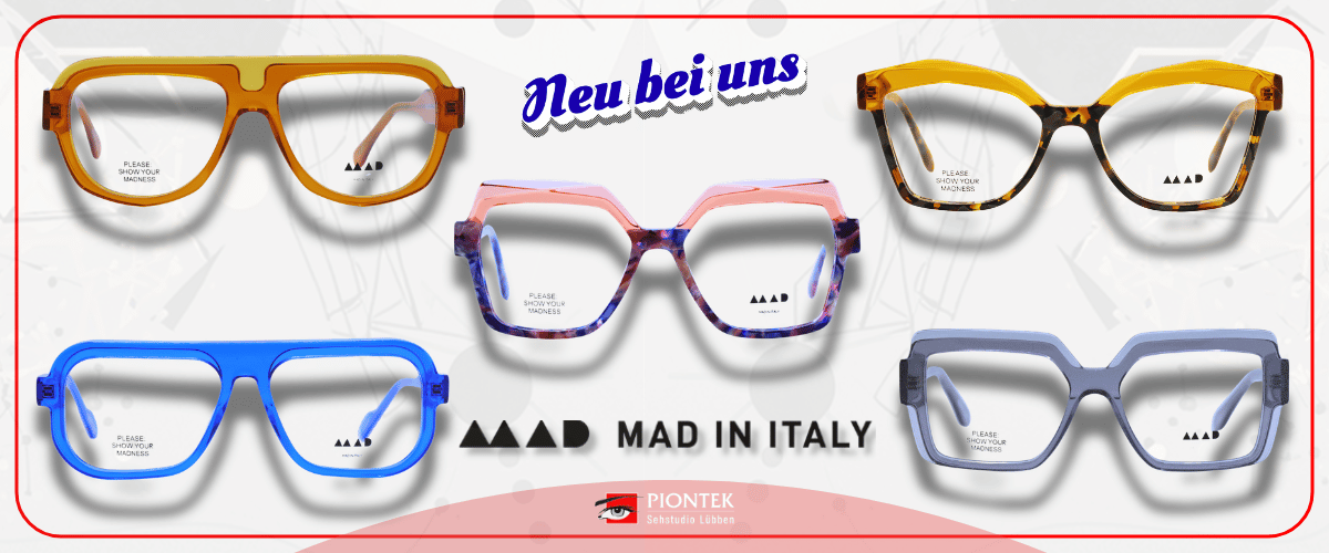 Zeig uns deine verrückte Seite! „MAD“ ist nicht nur ein Name, sondern ein Lebensgefühl, eine Philosophie, 
die in jeder einzelnen dieser wundervollen Brillen steckt. Farben, Formen, Ideen und eine Prise Experimentierfreude vereinen sich zu einem großen, kreativen Chaos.